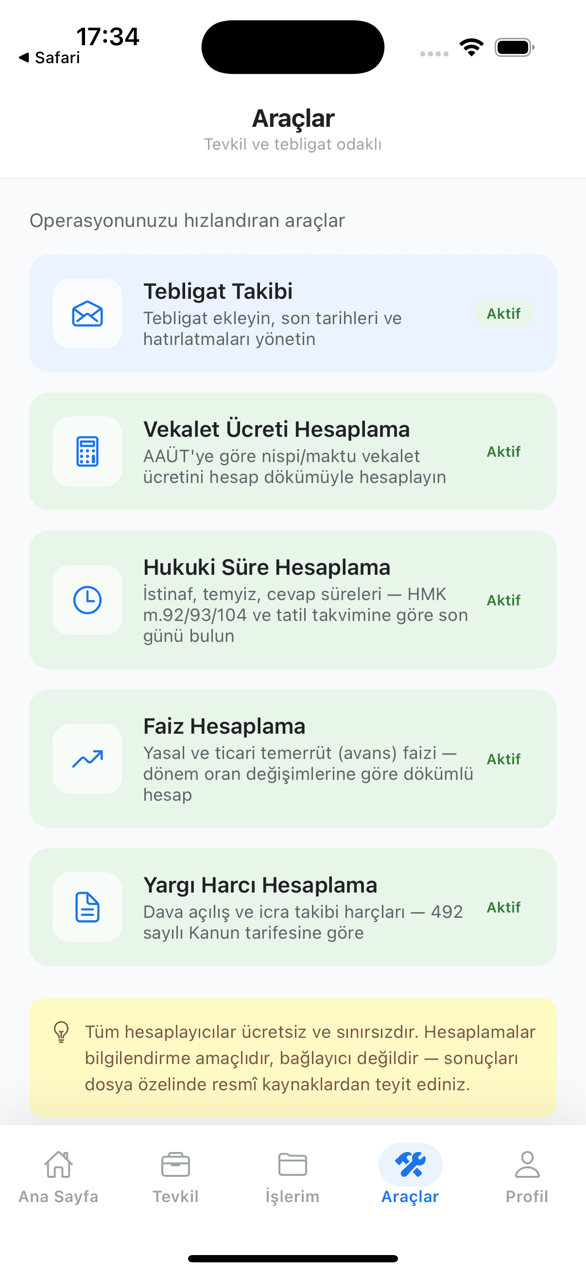 BaroCep araçlar ekranı — vekalet, faiz, süre, harç, tebligat