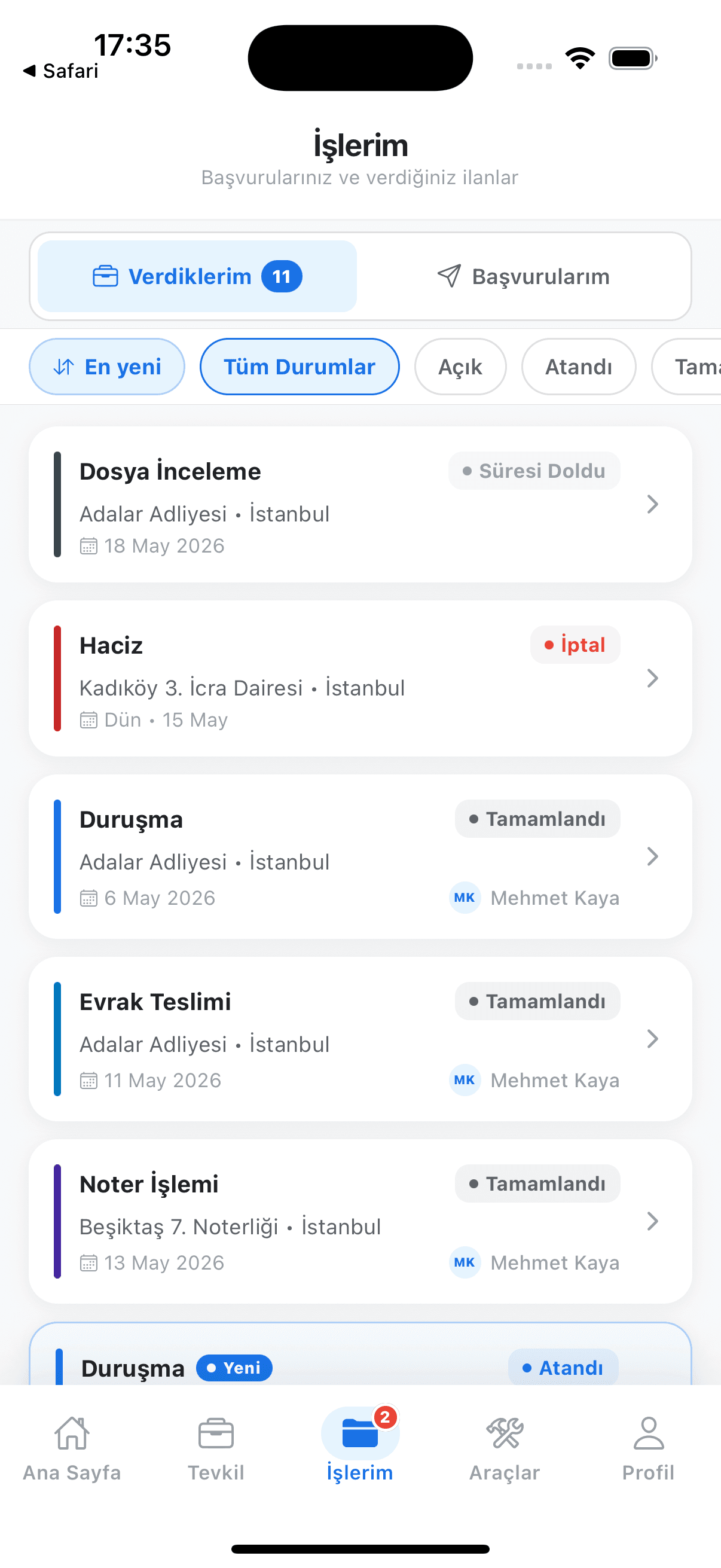 BaroCep işlerim ekranı — verdiklerin ve başvurularını yönet