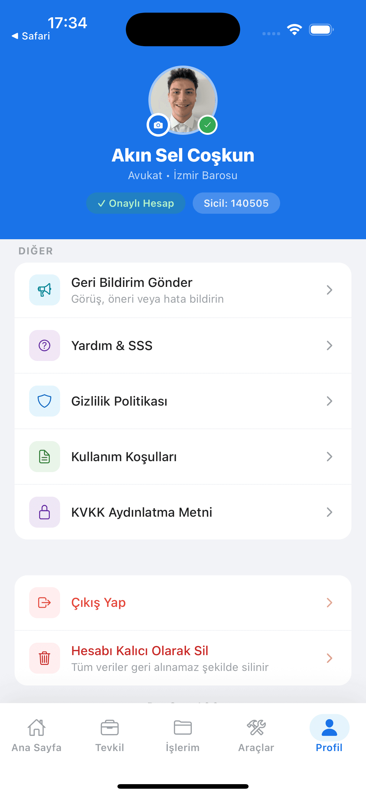 BaroCep profil ekranı — onaylı hesap, sicil ve hesap işlemleri