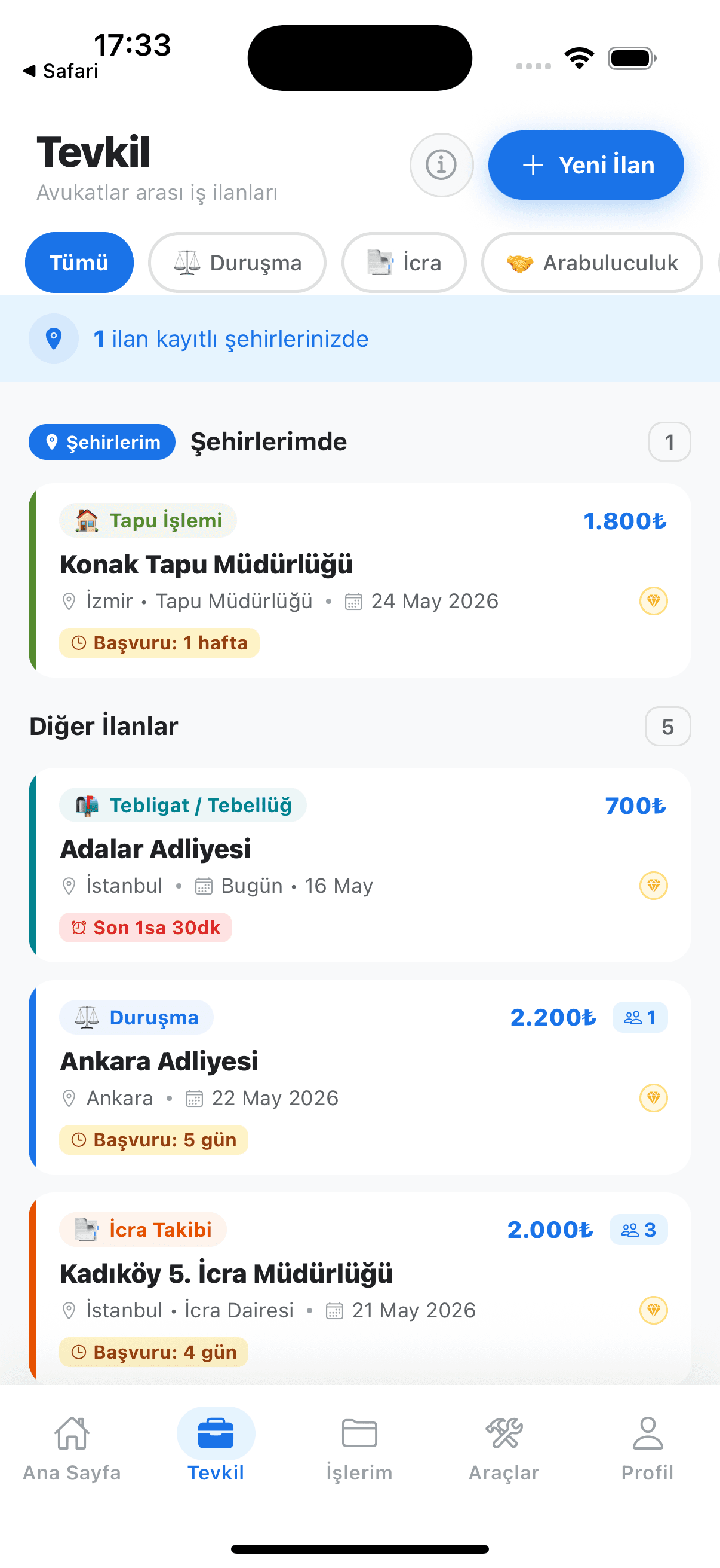 BaroCep tevkil ilanları ekranı